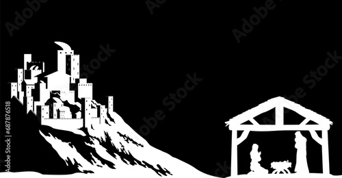 A Christmas nativity scene with baby Jesus in the manger and the city of Bethlehem in the background