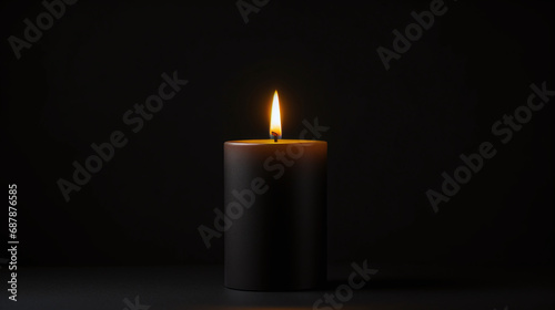 A solitary black candle burns with a soft glow against a dark backdrop