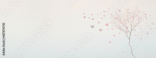 Valentine s Day banner with copy space for text in minimalism soft pastel shades. flying pink tree hearts on the background. concept for valentine s day  march 8  mother s day