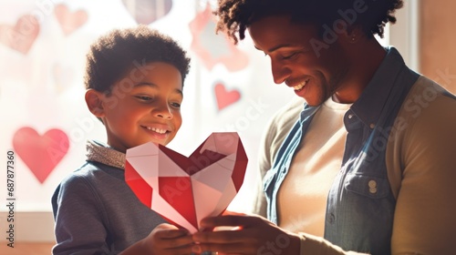 concept for valentine's day, mother's day, march 8. multiethnic african american boy nine years old happy looking at the camera preparing a gift for dad draws a heart out of paper