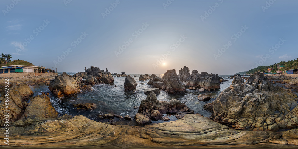 full hdri 360 panorama view on ocean on shore with rocks in equirectangular projection with zenith and nadir. VR AR content