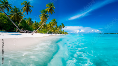 Tropical beach with clear turquoise water and palm trees. 