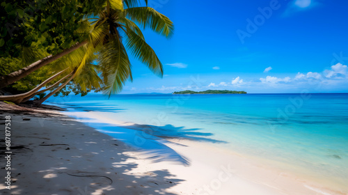 Tropical beach with clear turquoise water and palm trees. 