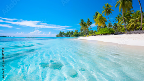 Tropical beach with clear turquoise water and palm trees.
 photo