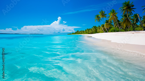 Tropical beach with clear turquoise water and palm trees. 