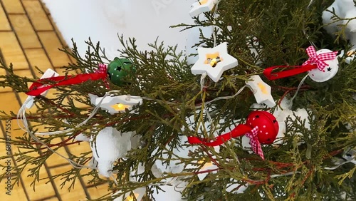 Decorated with a garland and New Year's balls Thuja occidentalis Smaragd in the garden in winter