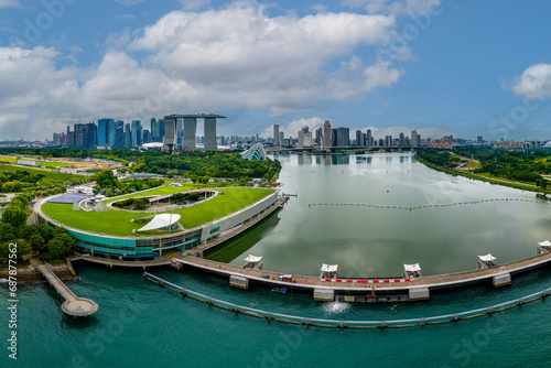 View of the barrage separating the salt water ocean from the fresh water reservoir in the city of Singapore