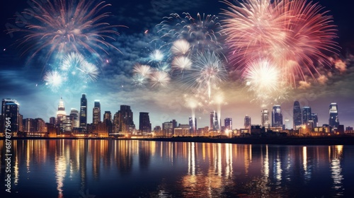 holidays, christmas, entertainment concept. multi-colored fireworks over the evening city and river