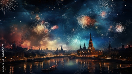 holidays, christmas, entertainment concept. multi-colored fireworks over the evening city and river