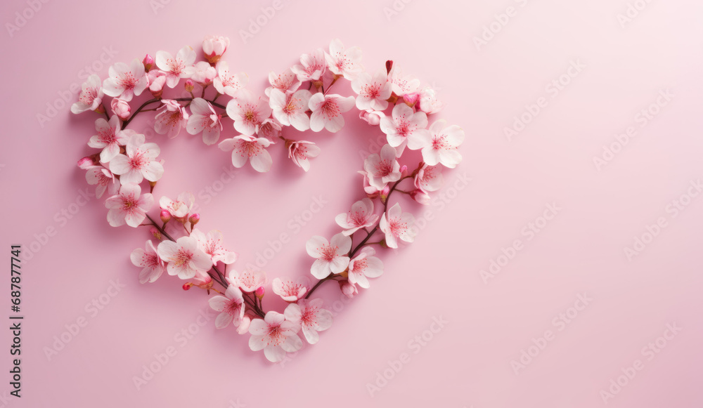 concept: holidays, Valentine's day, March 8, love, banner. delicate pink and red spring flower in the shape of a heart on a plain background