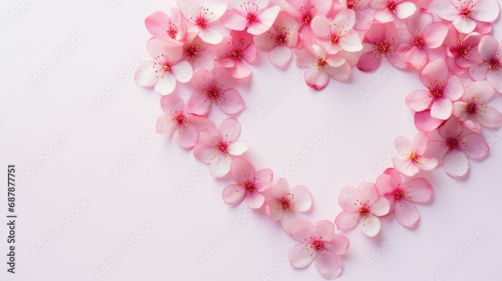 concept: holidays, Valentine's day, March 8, love, banner. delicate pink and red spring flower in the shape of a heart on a plain background