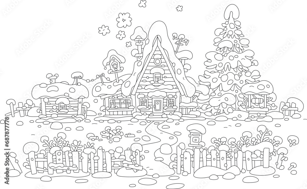 Cozy little house with a smoking chimney, a bathhouse, a woodshed, a draw-well, a spruce tree and a fence on a snowy winter day in a village, black and white vector cartoon illustration