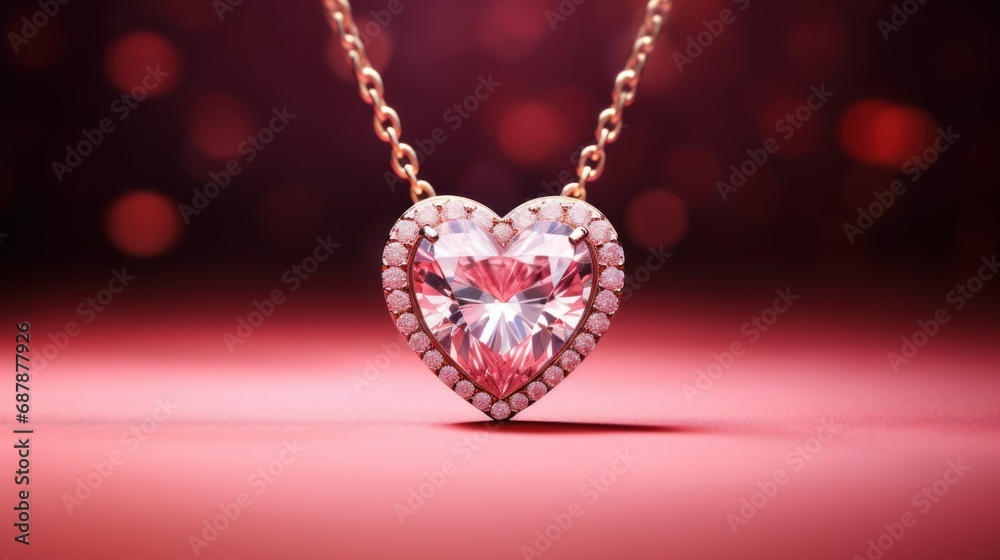 concept: holidays, valentine's day, march 8, love, banner. delicate pink and red jewelry pendant in the shape of a heart on a plain pink background