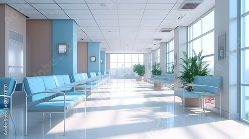 Empty modern hospital corridor with rooms and seats waiting room in medical office