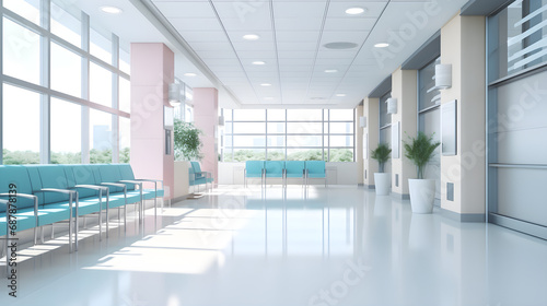 Empty modern hospital corridor with rooms and seats waiting room in medical office photo