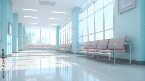 Empty modern hospital corridor with rooms and seats waiting room in medical office © Jet_Chaiyasing
