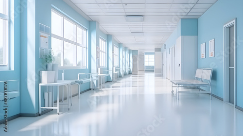 Empty modern hospital corridor with rooms and seats waiting room in medical office