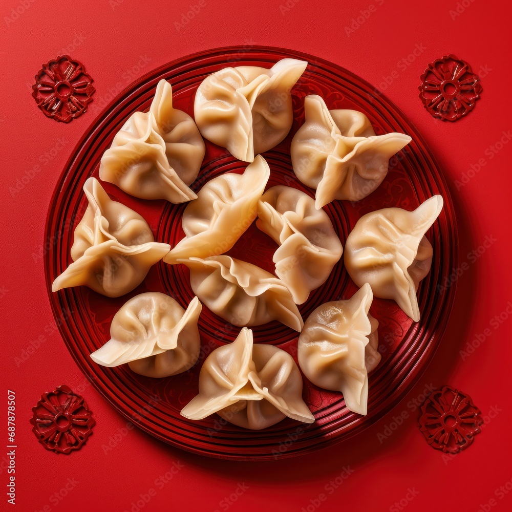 banner with copy space. View from above. Chinese cuisine dumplings for good luck on a red plain background banner with copy space. View from above. Chinese cuisine dumplings for good luck on a red plain background