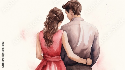 Couple in love with their backs, on a white background. Watercolor