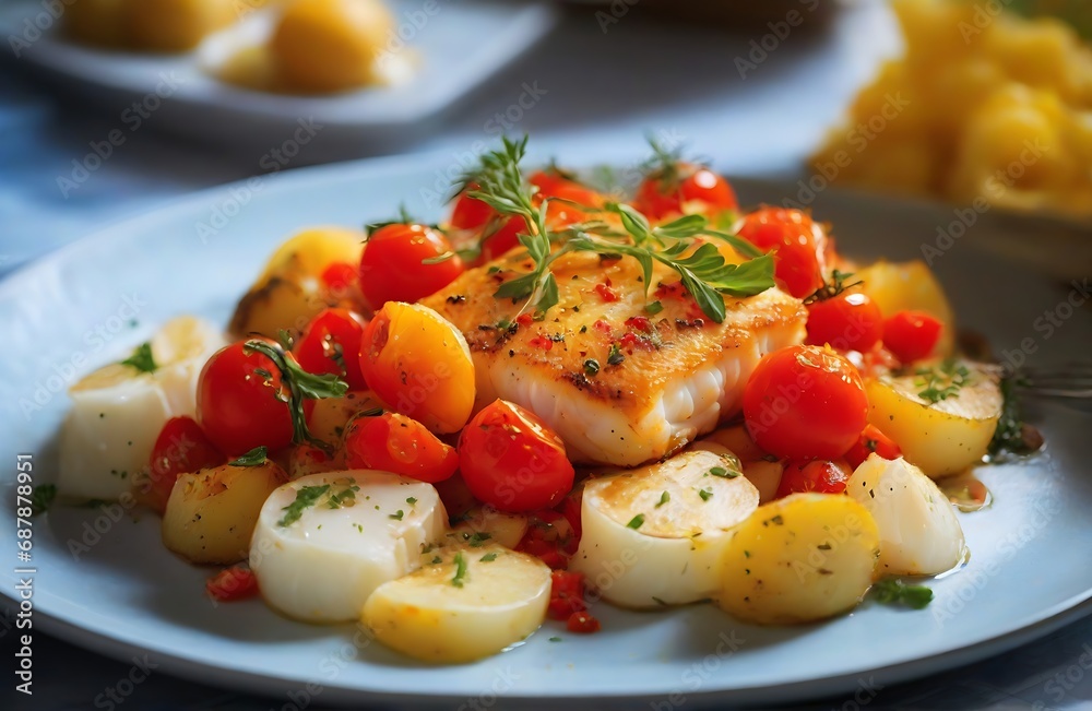 Baked cod with potatoes and cherry tomatoes. Created with Generative Ai technology.
