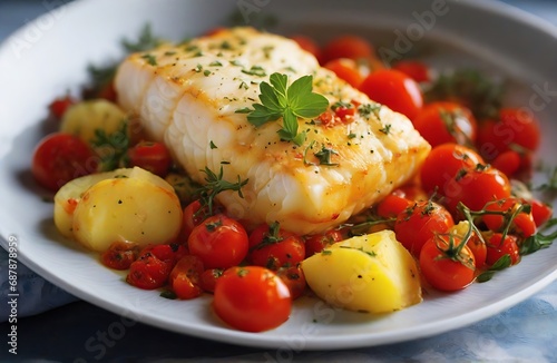 Baked cod with potatoes and cherry tomatoes. Created with Generative Ai technology.