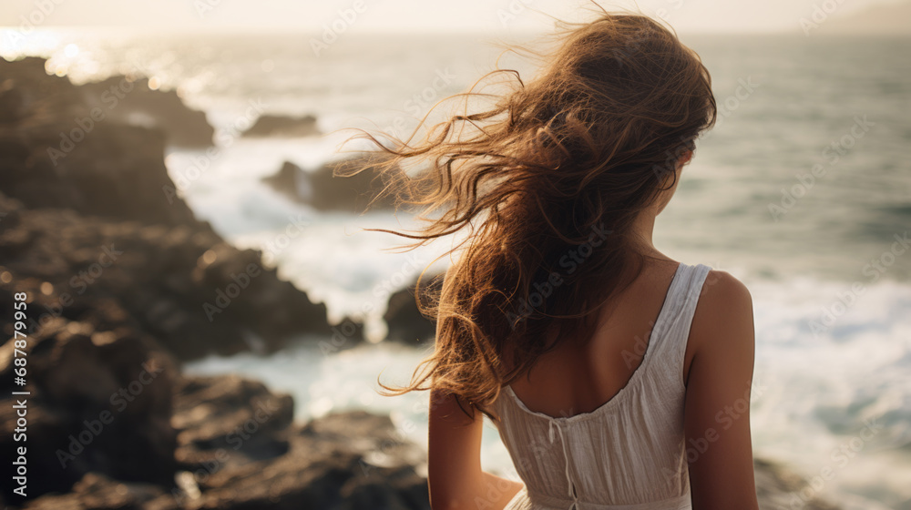 Young woman in summer white dress standing on beach and looking to the sea Young woman in summer white dress standing on beach and looking to the sea