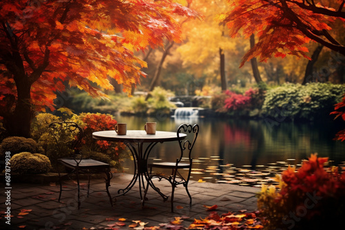 autumn at the park, autumn at the park with chairs and table