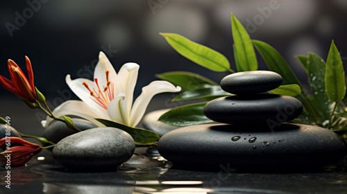 Beautiful lily flower and stack of stones on water surface