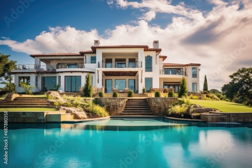 Luxurious modern mansion with a pool, beautiful architecture, and a view of a lake  affluent lifestyle. © Iryna