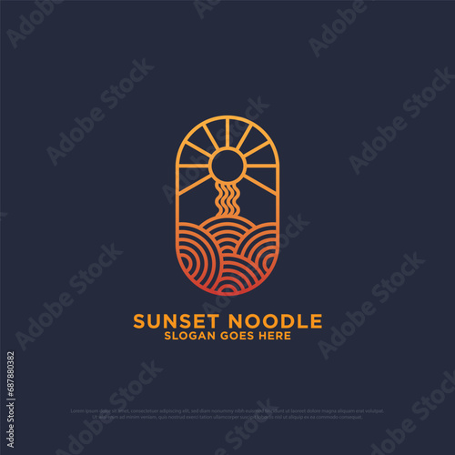 sunset noodle logo design vector, outline food and beverages vector illustration, nature outdoor cafe shop logo template