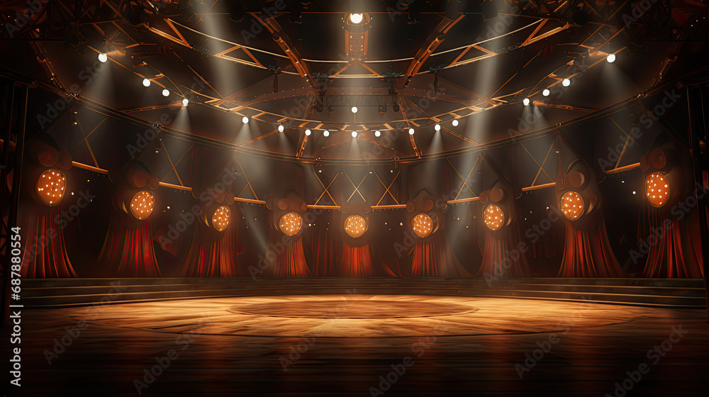 scene inside the circus arena stage with spotlights and lighting design  - obrazy, fototapety, plakaty 