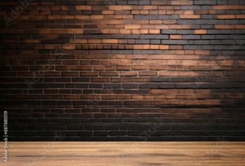 Interno vuoto della stanza con parete in mattoni di argilla, pavimento in legno chiaro con luce soffusa. Atmosfera vintage © Alfons Photographer