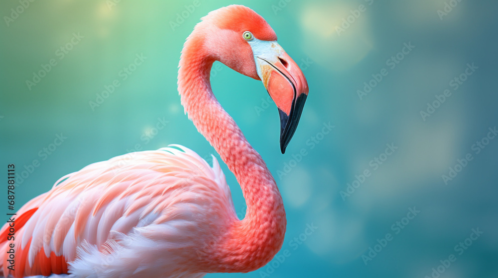 Obraz premium close up of a flamingo on blue background