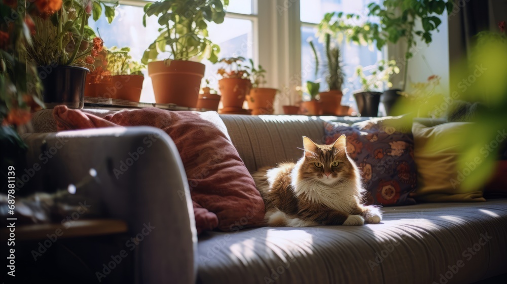 Cute fluffy cat in a cozy interior house full of green plants on a sunny day.