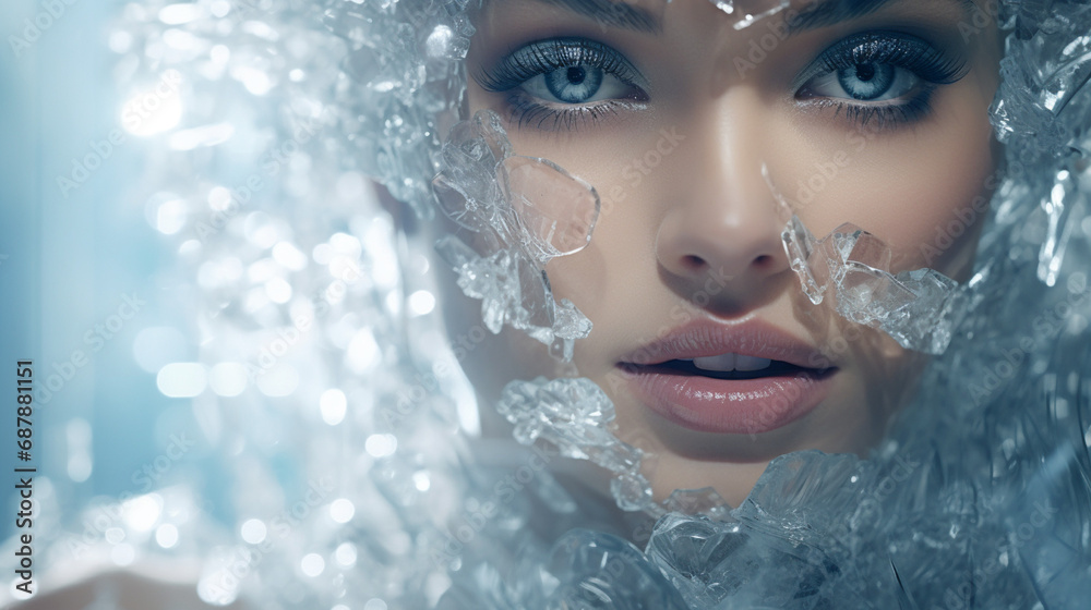 portrait of a woman in ice, frozen background 