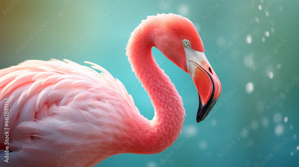 Fototapeta premium close up of a pink flamingo on a blue background
