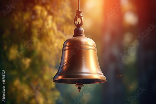 a golden bell is hanging with blurred background