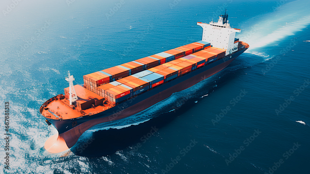 Cargo ships and large containers at sea, sea freight concept.
