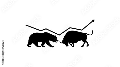 Stock trading symbol, bull and bear fight, black isolated illustration
