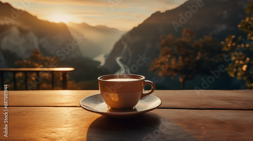 Morning coffee moment, Focusing on cup with serene and colorful sunrise over mountains in background, AI Generated