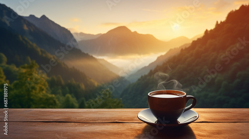 Morning coffee moment, Focusing on cup with serene and colorful sunrise over mountains in background, AI Generated