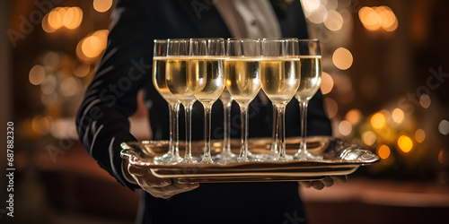 champagne glasses, The waiter holds glasses with wine on a tray glasses of wine on a tray alcoholic drinks for guests. Generative Ai photo