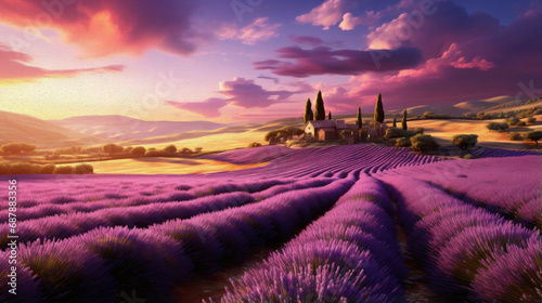 Large fields of purple lavender, Manor Castle and beautiful sunset