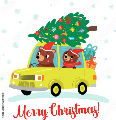 Christmas card with cute bears in the car