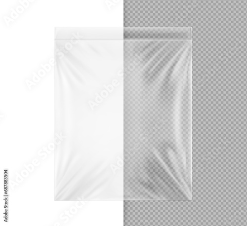 Transparent zip lock bag mockup. Hight realistic vector illustration isolated on white and grey backgrounds. Ready for your design. EPS10.