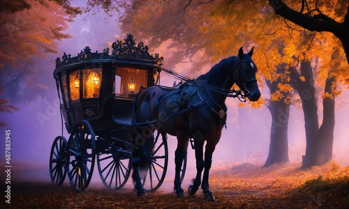 ghostly horse drawn carriage riding fast in the night through woodland A horse with strange proportions. Its neck is incredibly long, gaunt, and bony, with a dark, stringy mane. Its body is oddly bloc © Muhammad