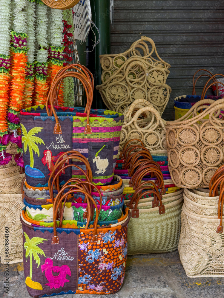 Traditional woven baskets at Mauritian market in Port Louis