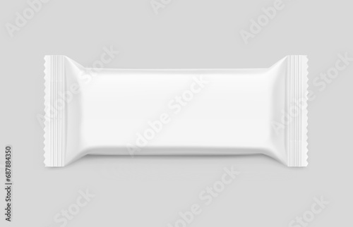 Realistic layouts of flow packaging for bars, candies, waffles. Flat lay view. Vector illustration on grey background. Easy to use for presentation your product, idea, design. EPS10.