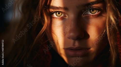 Studio shot of a beautiful redhead woman with perfect skin Close up with blue eyes of a woman look at camera face get sun shine light and shadow drom window portrait shot