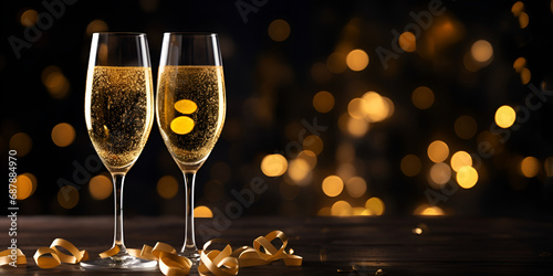 Two glasses of champagne on table concept of new year marriage birthday parties merry chirstmas and other events with blur lights in the background